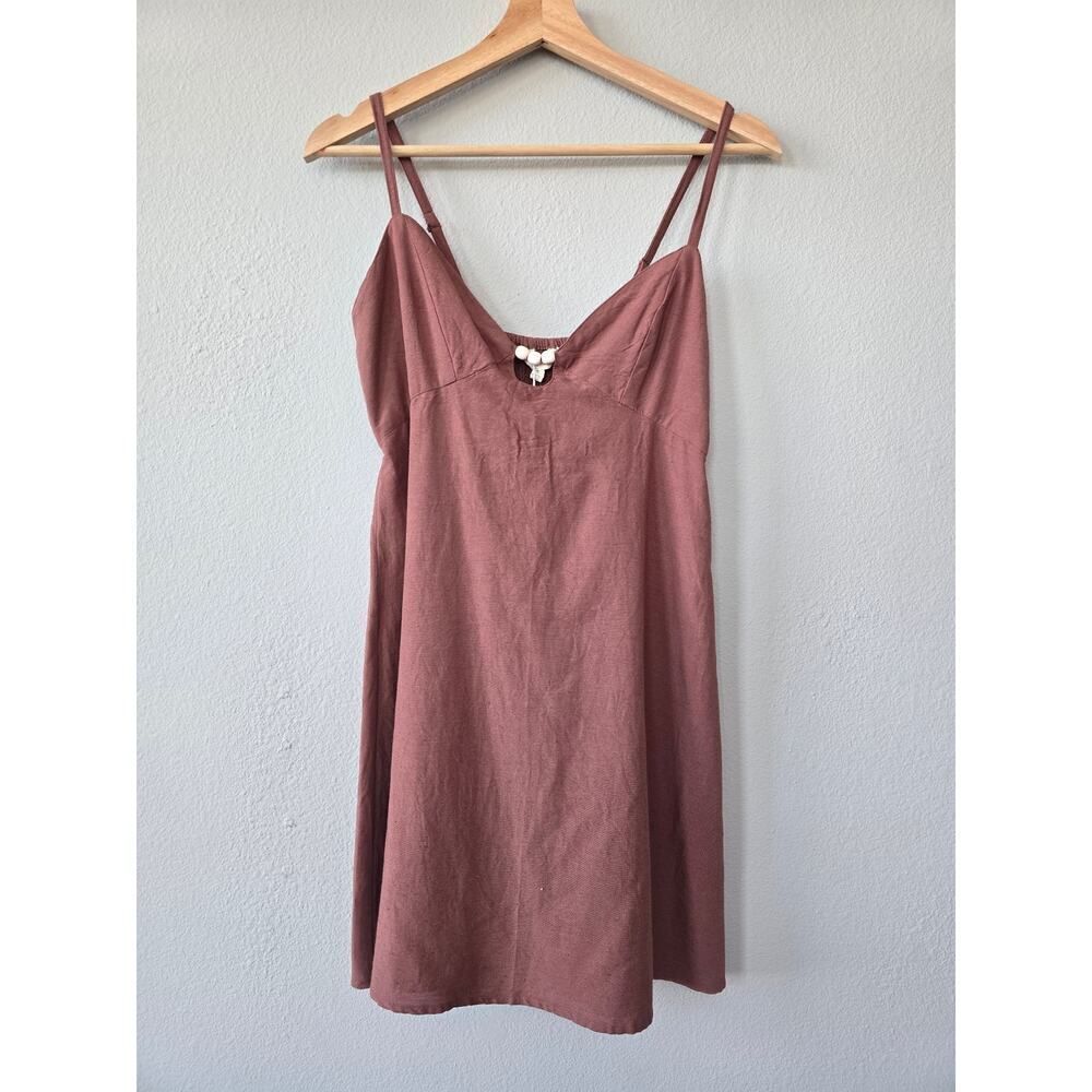 Mocha Linen Blend Mini Dress NWT Smocked Back Size S Sim & Sam Quiet Luxury